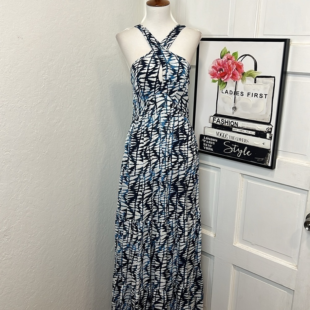 Amour Vert Navy & White Patterned Maxi Dress